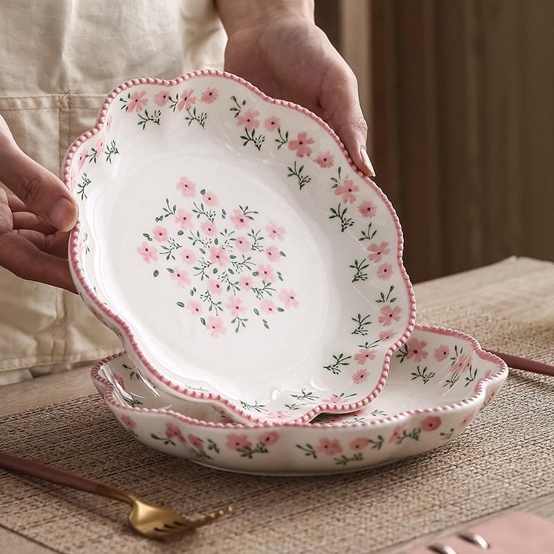 Charming Floral Ceramic Tableware Set: Underglaze Soup & Noodle Bowl, Deep Plate, Flower-Shaped Rice Bowl