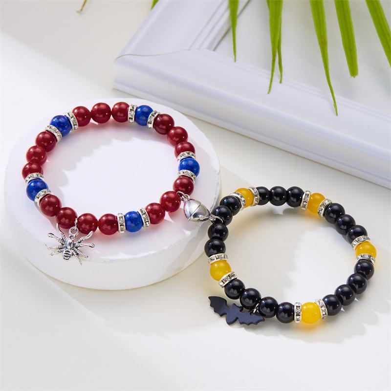 2Pcs/set Halloween Spider Bat Couple Bracelets For Women Men Heart Magnetic Matching Bangle Stone Crystal Beads Bracelet Jewelry