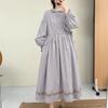 Johnature Embroidered Adjustable Waist Dress Long Sleeve Artistic Vintage Loose A-Line Long Dress For Women