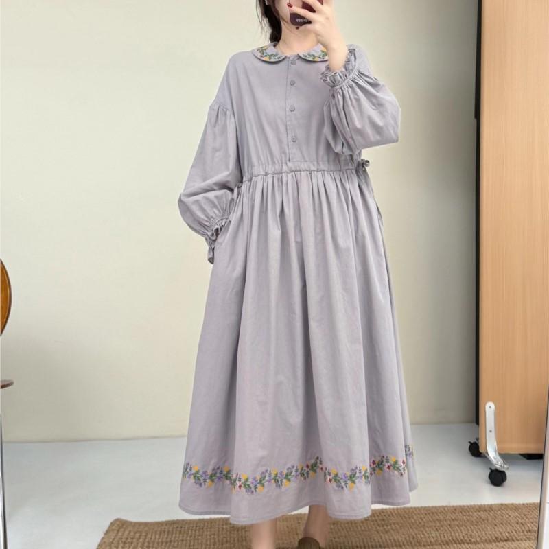 Johnature Embroidered Adjustable Waist Dress Long Sleeve Artistic Vintage Loose A-Line Long Dress For Women