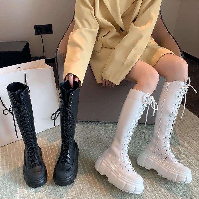 

2025 winter new long boots knight boots lace-up riding boots British style but knee women s shoes high heels 39 білий