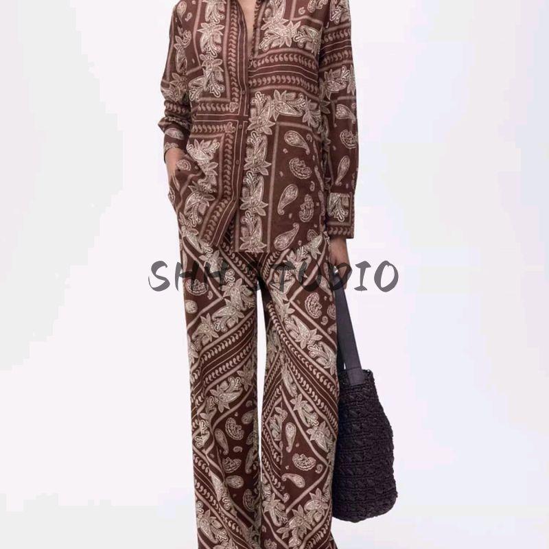 Cotton Straight-leg Loose Print Casual Shirt 87017183 Mid Waist Mop Wide Leg Pants 87027177