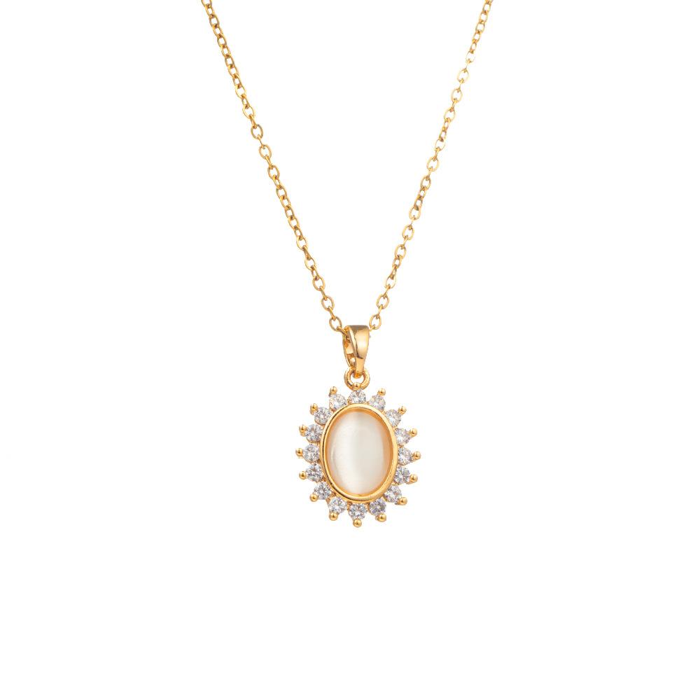 2026 Elegant Cat's Eye Stone Flower Necklace - Vintage Gold Plated Titanium Steel Zircon Halo Pendant for Women