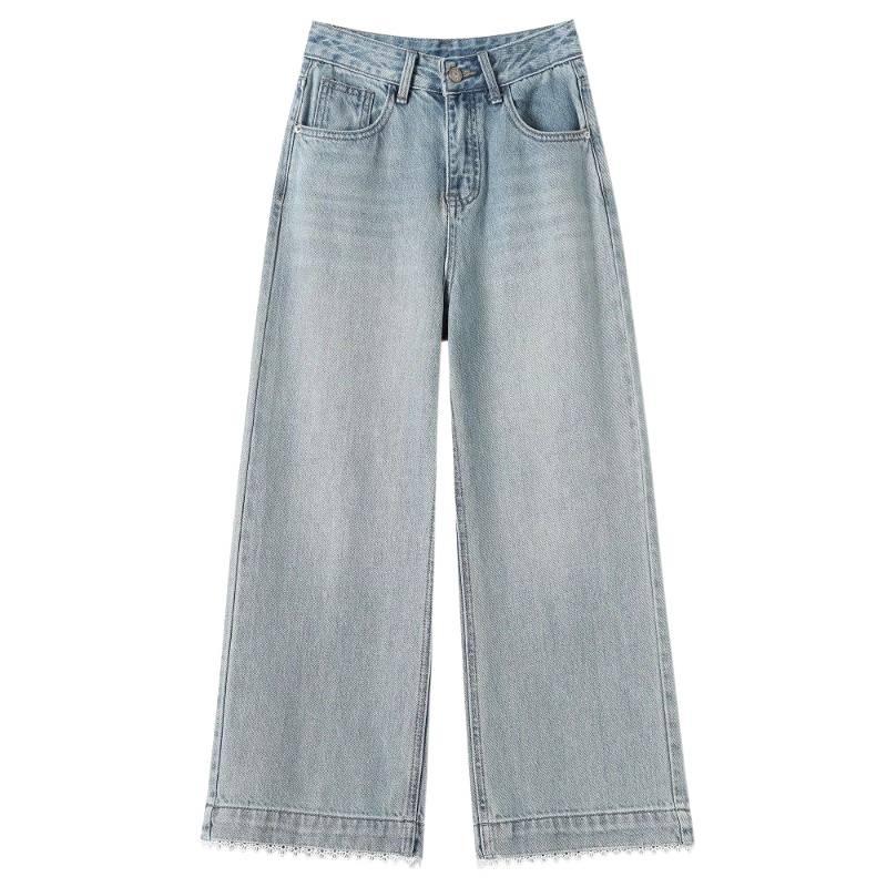 Women's Summer 2026 Lace Trim Wide Leg Denim Jeans - Petite Slimming Straight Fit Nine-Point Pants