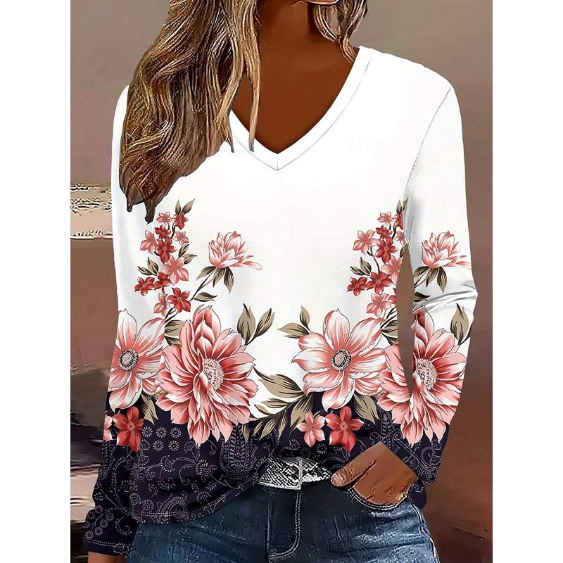 

2025 Women s T-Shirts Florals Graphics Plants Elegant Fashion Tees Long Sleeve T-shirts V-Neck Regular Tops Pullover Fall Winter XL