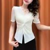 Damen V-Ausschnitt Verdrehte Front Bluse Puff-Kurzarm Schmale Passform Lässiger Pullover Top