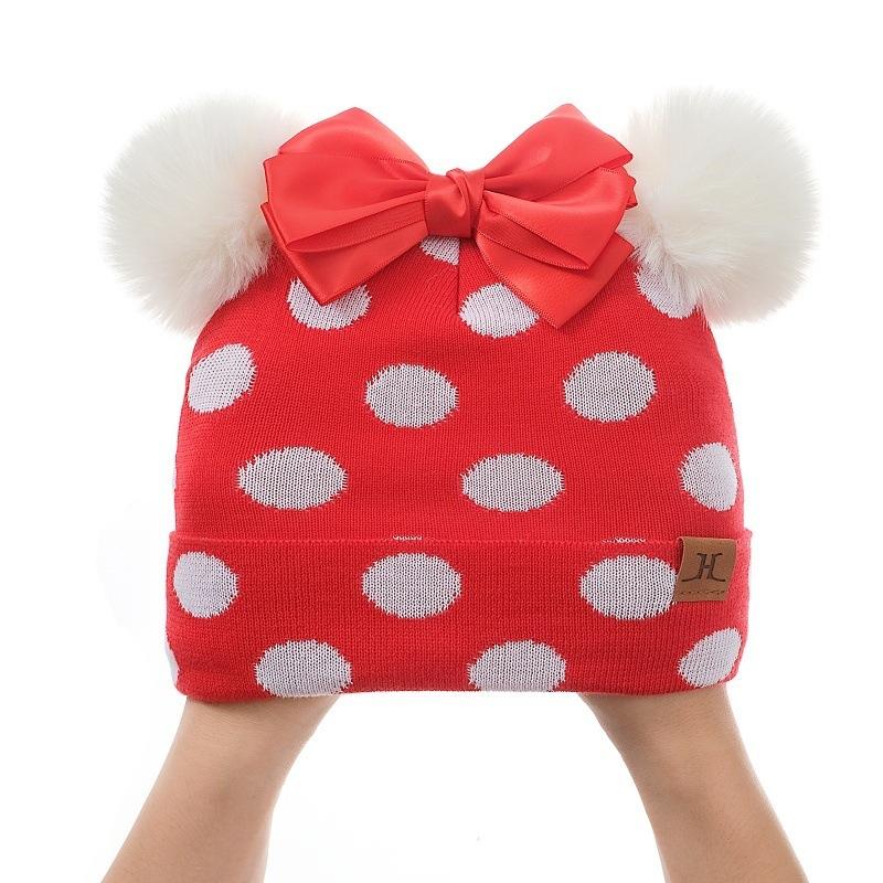 Bow Knot Polka Dot Woolen Hat Scarf Two-piece Set for Autumn and Winter Girls and Babies, Warm Set