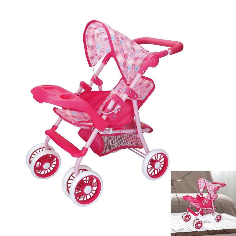Kinder Rollenspiel Baby Kinderwagen Schiebewagen für Kinder mit Eisenrahmen Herzmuster Rollenspielzubehör