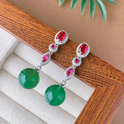 Earrings Silver Needle Earrings Natural Chalcedony Retro Temperament Premium Women'S