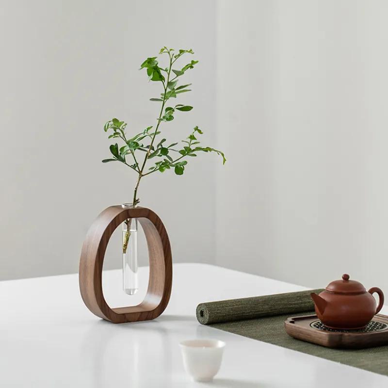 Walnut Solid Wood Vase Creative Flower Arrangement Ornament Simple Glass Plant Flower Arrangement Mini Water Nourishing Vase YLE442