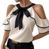 Women's Fashion Double Layer Short Sleeve Shirt Bowknot Collar Pullover Top