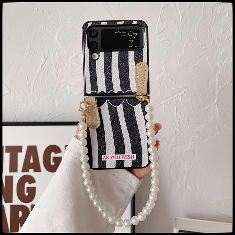 Applicable To Samsung ZFlip3 Folding Screen Mobile Phone Case, Zebra Pattern Pearl Lanyard Zflip4 Portable Wristband Protective Case