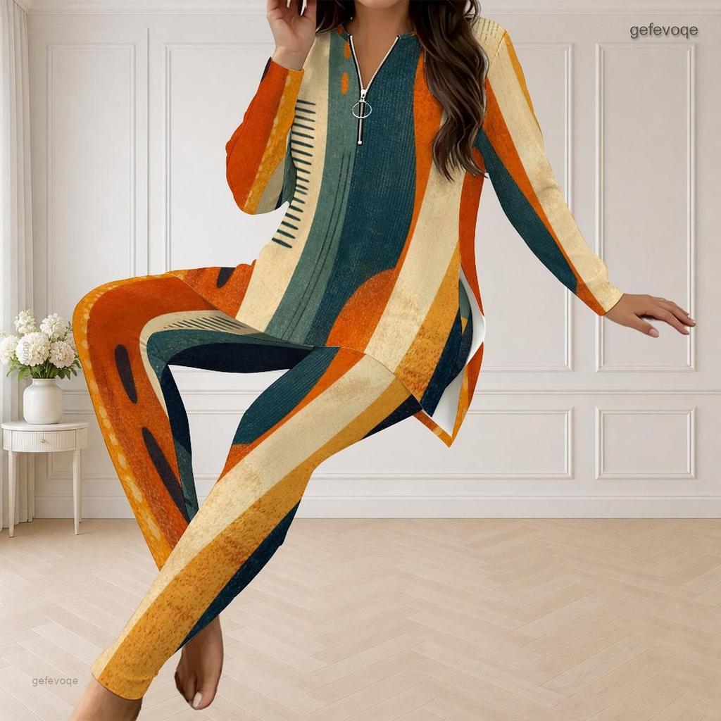 Women Plus Size Geometric Printed Half Zip Long Sleeve Top Fitted Long Pants Two Piece Set