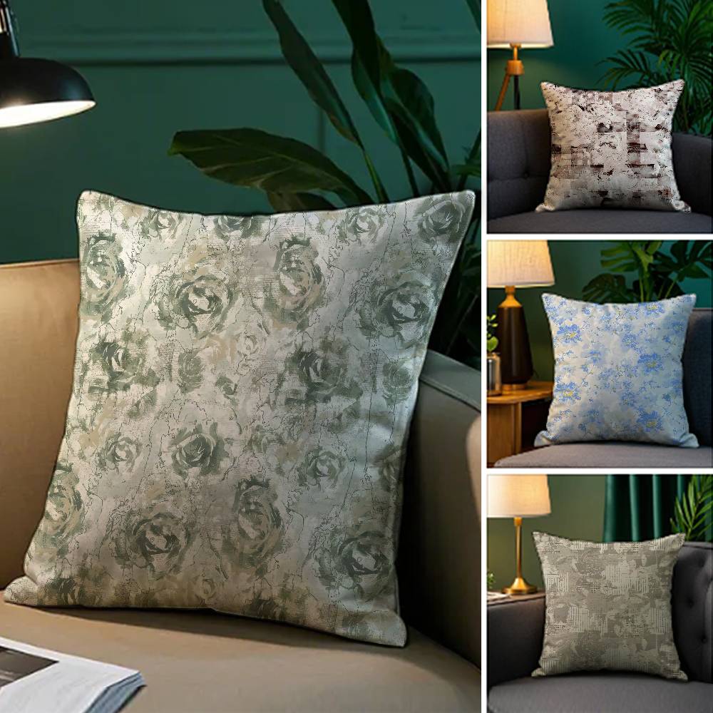 Retro Ink Prints Beautiful Pillow Case Comfort Sofa Bed Silky Elegant Invisible Zipper Decorative Cushion Cover