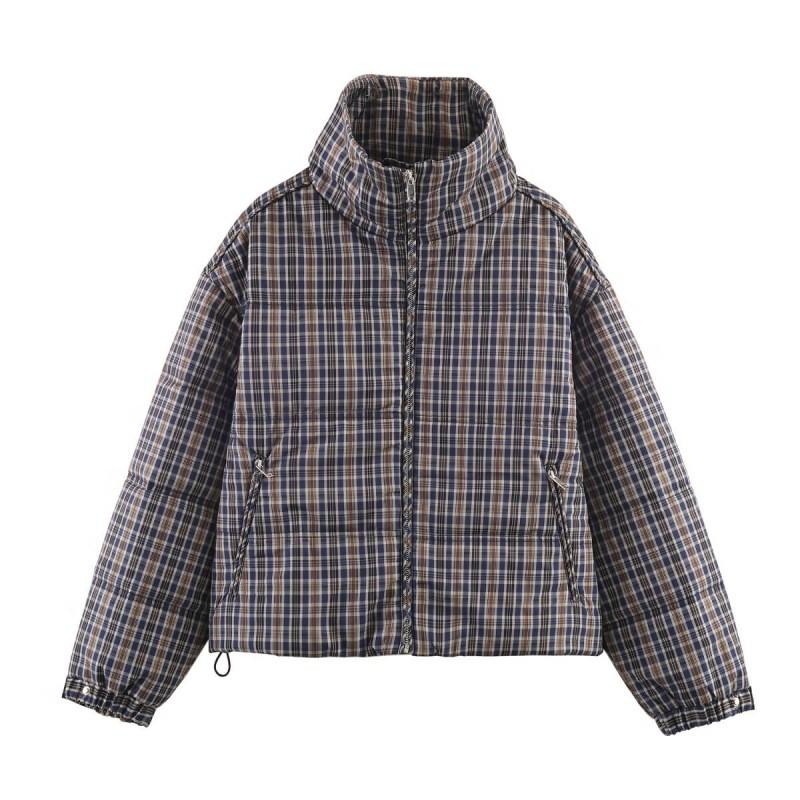 Womens Oversized Plaid Cotton Puffer Jacket With Stand Collar Zip Front 2026 Winter Casual Streetwear