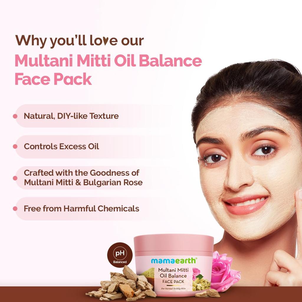Mamaearth Multani Mitti Oil Balance Face Pack 200g For Oily Skin With Clay-Cream Texture To Control Acne Oil And Minimize Pores Naturally