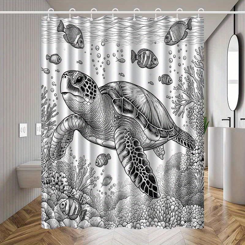 1Pc Turtle And Coral Patterned Shower Curtain, Polyester Fabric, With Hooks, Machine Washable, Suitable For Bathroom Dcor.