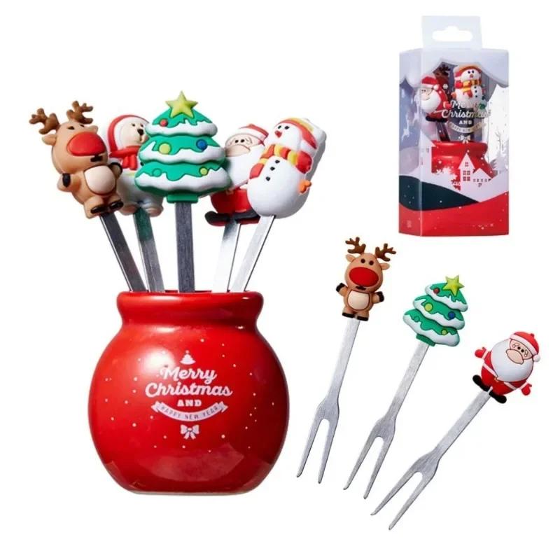 5pcs Christmas Theme Fruit Fork With Jar Stainless Steel Fruit Fork Set Salad Cutlery Kitchen Gadgets Feliz Navidad Kids Favors