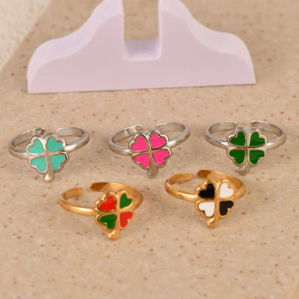 Women's Oil Pressure Ring Simple Fashion Stainless Steel Four-Leaf Clover Niche Temperament Opening Adjustable Ring