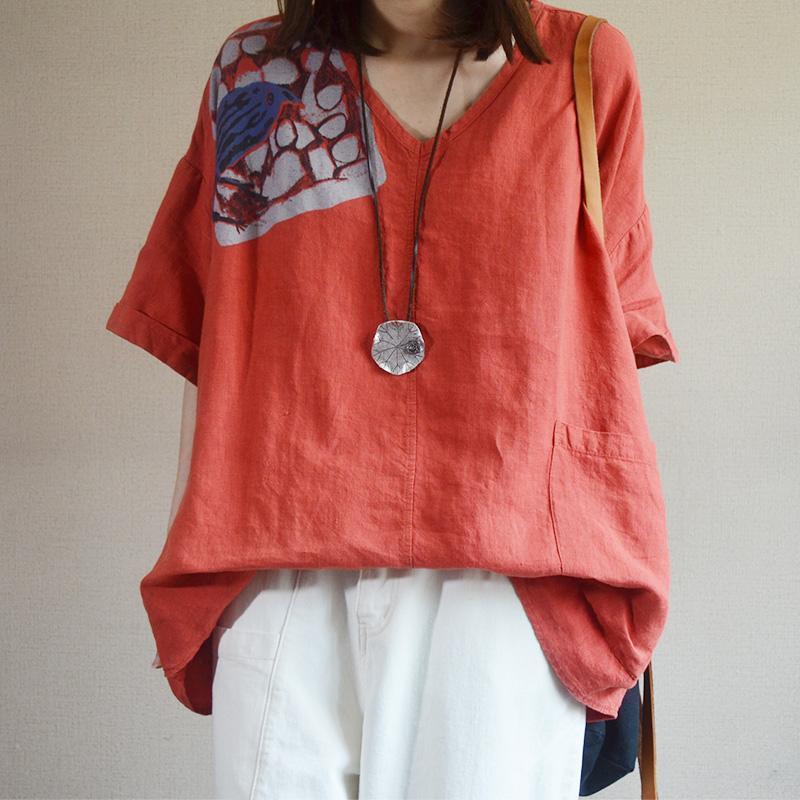 

Большие размеры Женские летние хлопковые льняные футболки Свободные футболки с коротким рукавом Винтажные топы оверсайз XXL красный