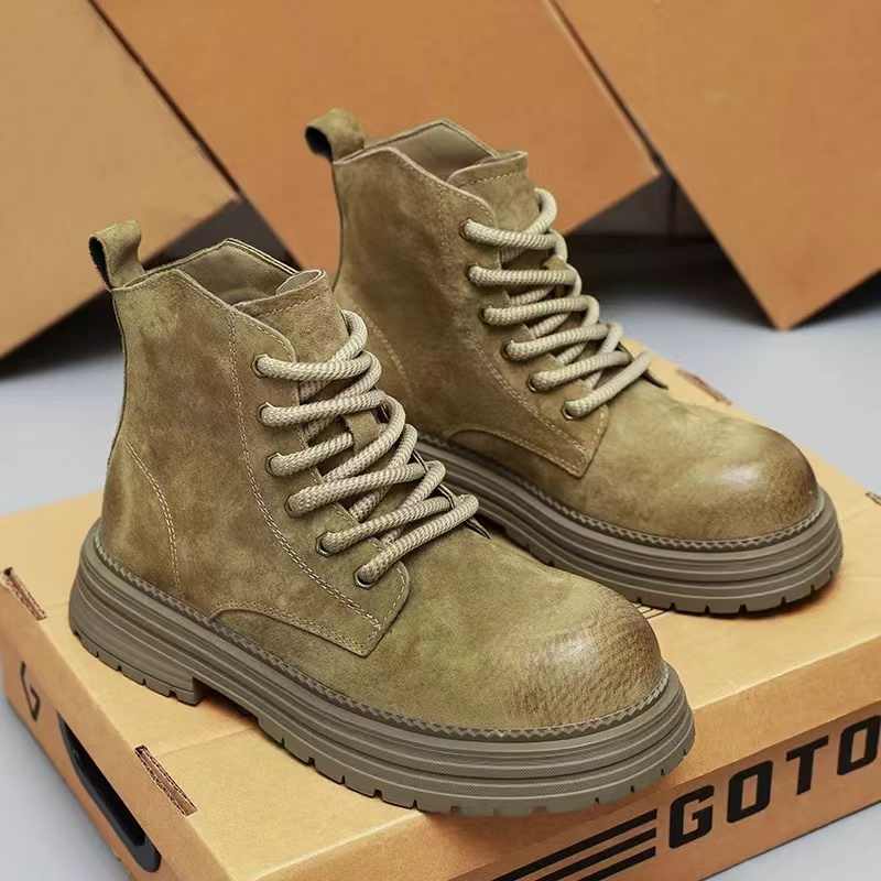 Fashion Brown Boots Men's Platform Boots Retro Military Style Ankle Boots Texture Upper Thick Bottom Lace Design Work Clothes Style 2025