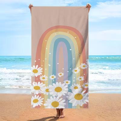 Boho Rainbow Daisy Print Beach Towel Girly Floral Design Soft Quick Dry Absorbent Towel for Summer Beach Pool Travel Camping