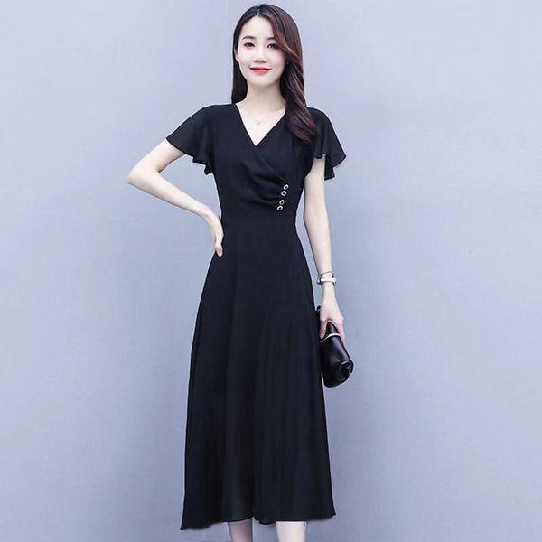 V-neck Fashionable Foreign Solid Color Dress Women's New Summer Large Size Women's Clothing Waist Thin Temperament Simple Long Dress