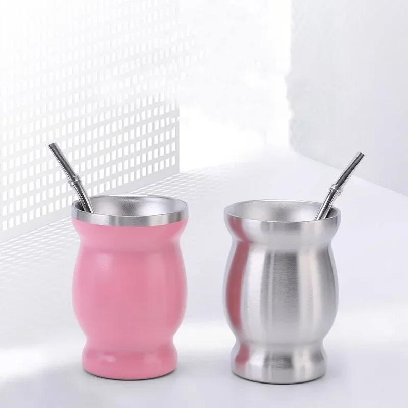 304 Stainless Steel 8Oz Matai Cup Gourd Shaped Tea Cup with Straw Spoon Heat Insulation Water Cup