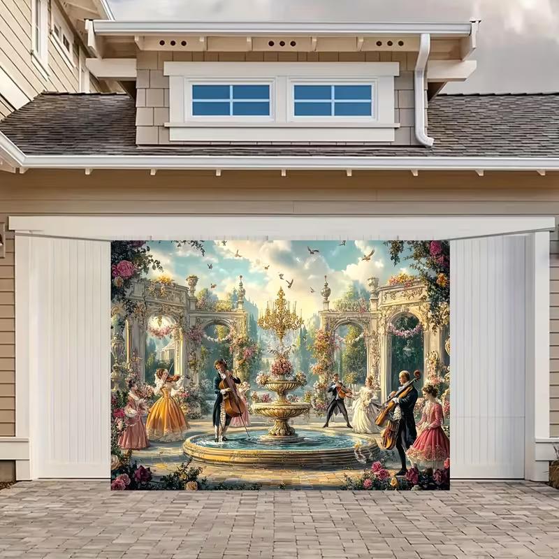 Elegant Rococo Garden Tapestry, 18th-Century Musicians Performing in a Flower-Filled Palace Courtyard, Ornate Vintage Wall Art
