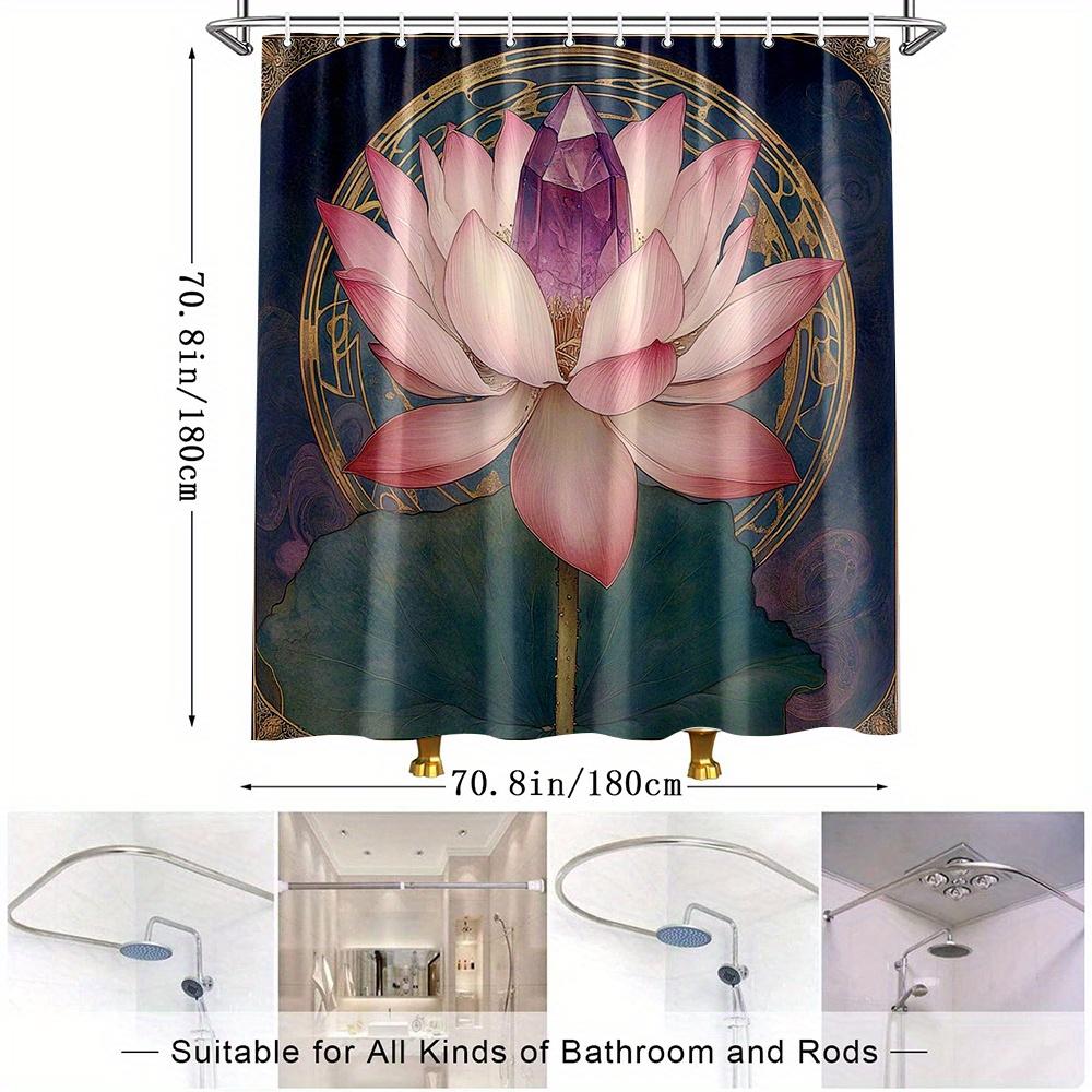 1Pc Elegant Lotus Shower Curtain With Crystal Design Comfortable Bathroom Decor Polyester Fabric Includes 12 Hooks