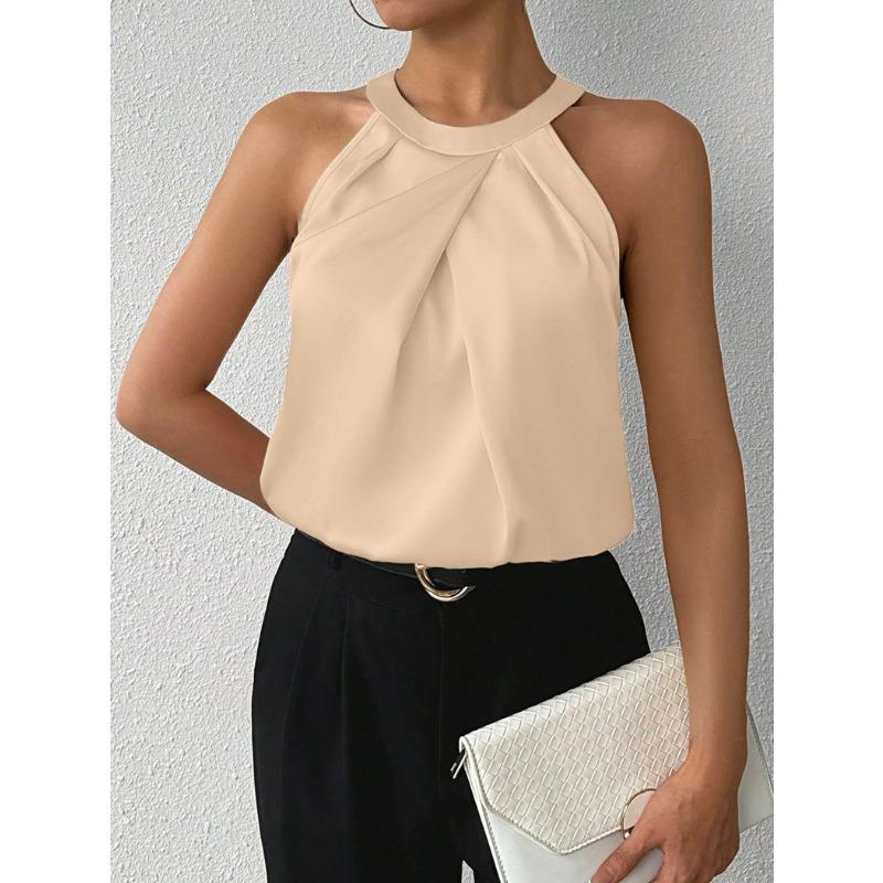 

Женская атласная рубашка без рукавов с вырезом на шее, летняя новая однотонная рубашка-топ L абрикосовый