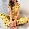 Women's Heart Letter Print Pajamas Set Autumn Short Sleeve Sleepwear Soft Comfort Milk Silk Pajama Pants Loungewear Home Suit