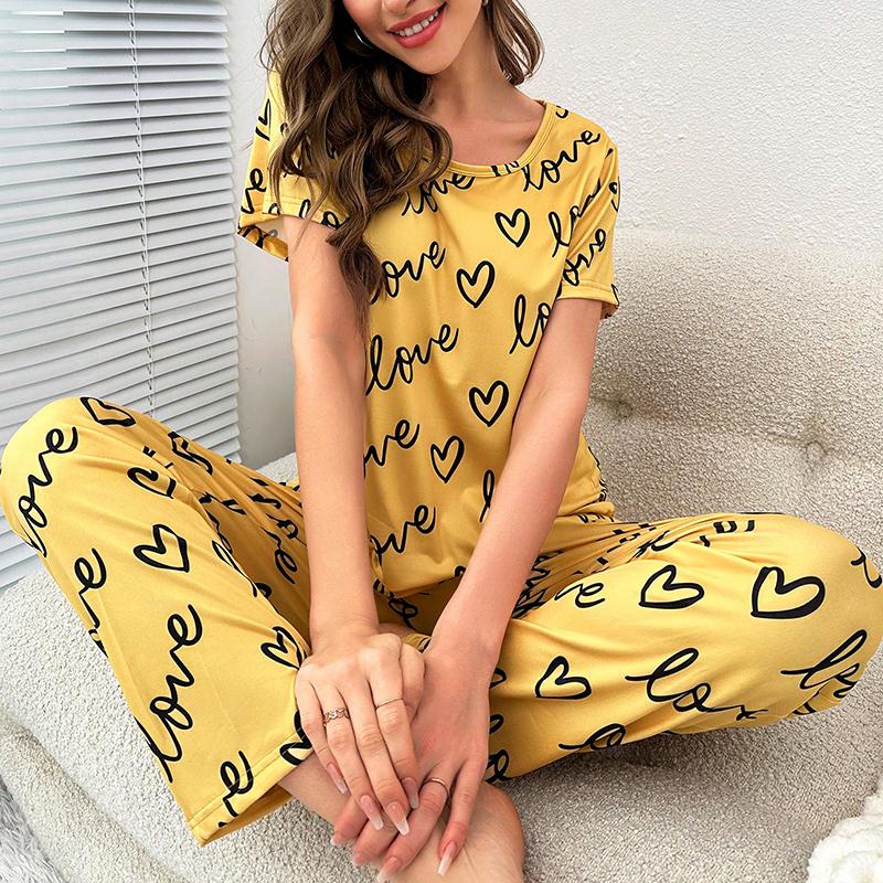 Women's Heart Letter Print Pajamas Set Autumn Short Sleeve Sleepwear Soft Comfort Milk Silk Pajama Pants Loungewear Home Suit