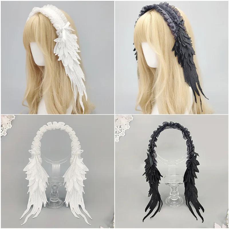 Dark Gothic Angel Wing Hairband - Lace Trim Lolita Headband, Decora Kei/Sweet Dolly/Punk/Jirai Kei for Girls