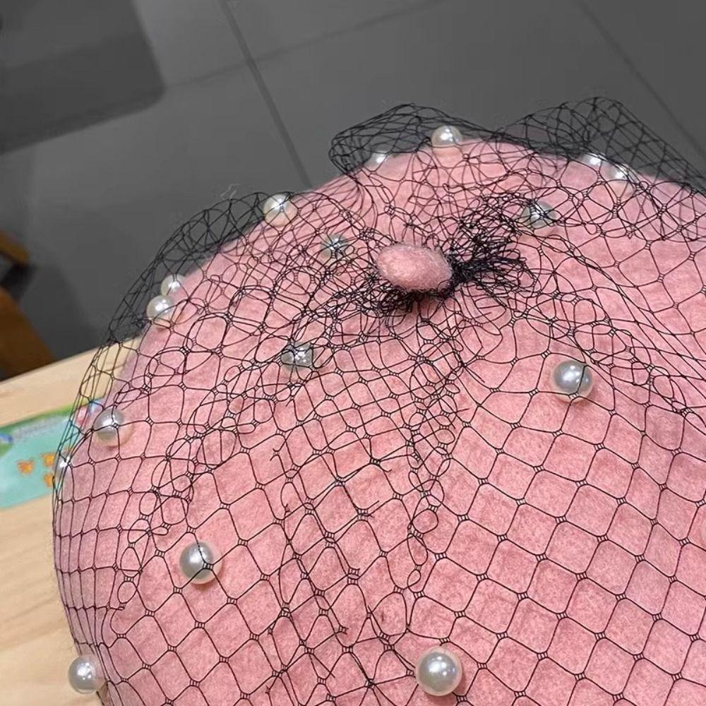 With Mesh Veil Wool Beret for Women Pearl Beanie Caps Elegant Painter Hat Banquet