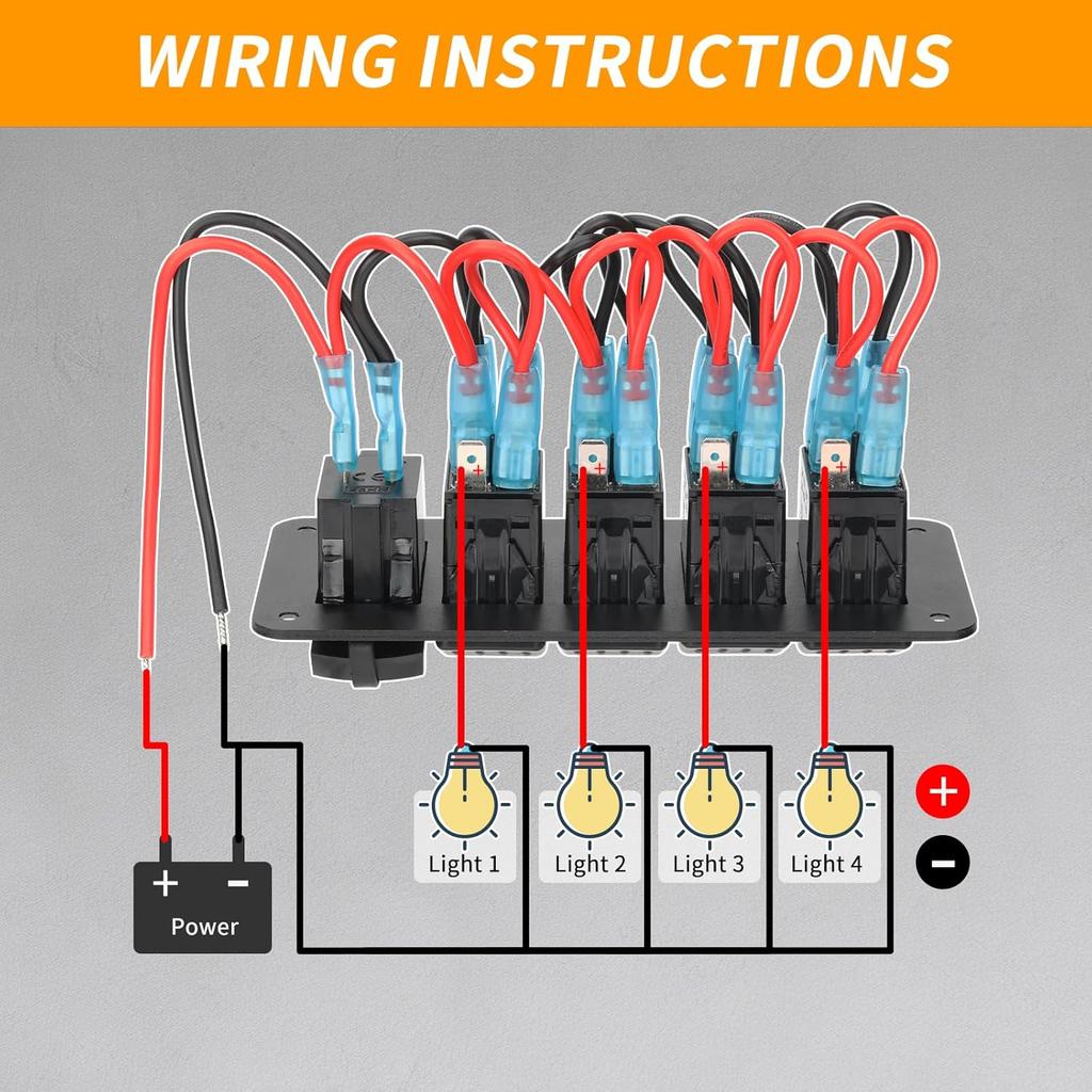 4 Gang IP68 Waterproof Boat Rocker Switch Panel DC 12-24V LED Digital Voltmeter + Dual USB (QC 3.0 & Type-C) Fast Charging Pre-Wired Toggle Switch