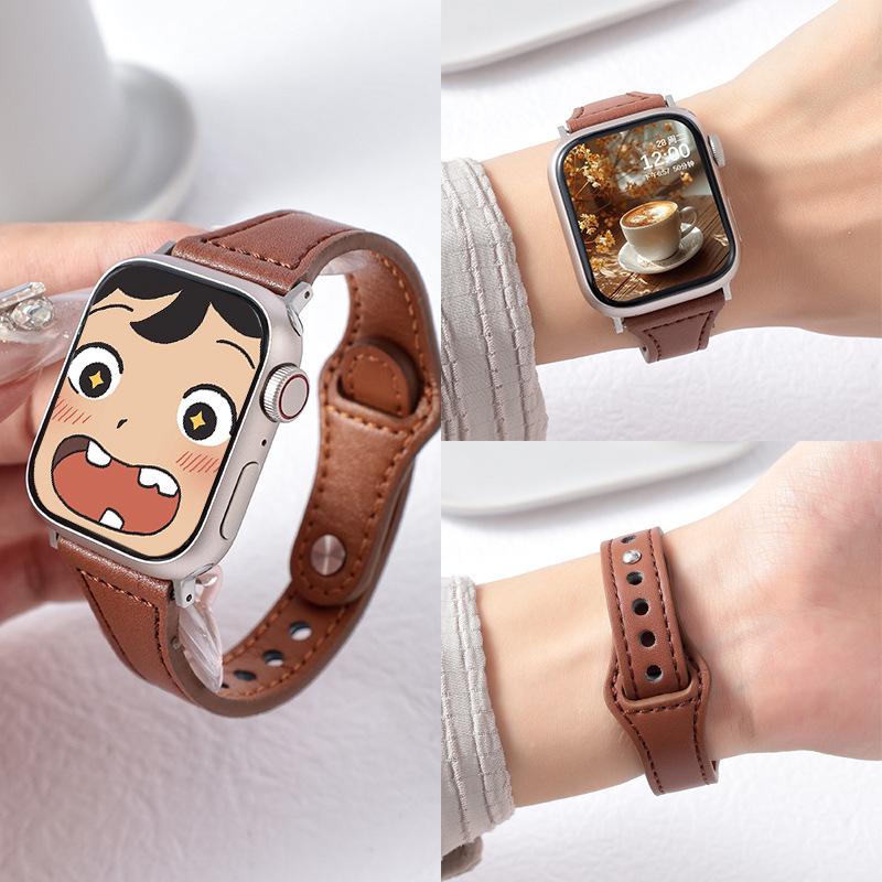 Compatible with Apple iWatch S10, Xiaomi 89Pro, Redmi 4, Huawei GT5: Women's Studded Small Waist Genuine Leather Watch Band