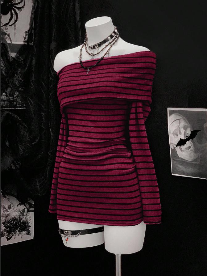 Autumn Winter Off-Shoulder Striped Long-Sleeve Bodycon Y2K Dress