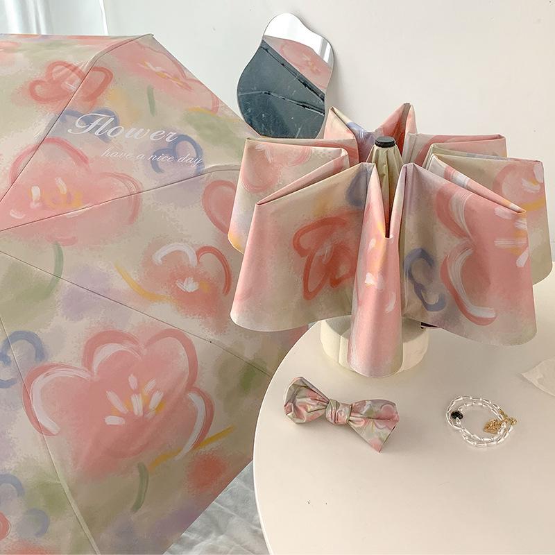 Automatic Digital Print Umbrella with UV Protection - Japanese and Korean Style Women's Sunshade, Three To Five-Fold.