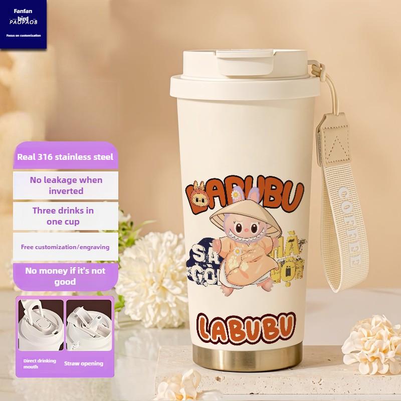 Tecknad Rostfri Stålkopp Högvärdig Termosmugg 3D Dubbel Drickstrå Kaffekopp