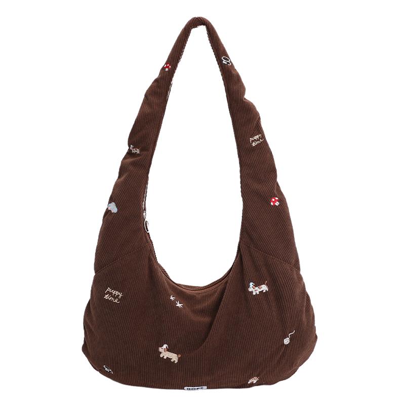 

Corduroy Hobo Bag Women s Embroidered Shoulder Tote with Cute Dog Pattern Casual Everyday Fashion Handbag кофейный