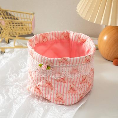 Soft Touch Quilting Cotton Desktop Storage Basket Lace Bowknot Decor Large-capacity Round Organizer Storage Box Desktop
