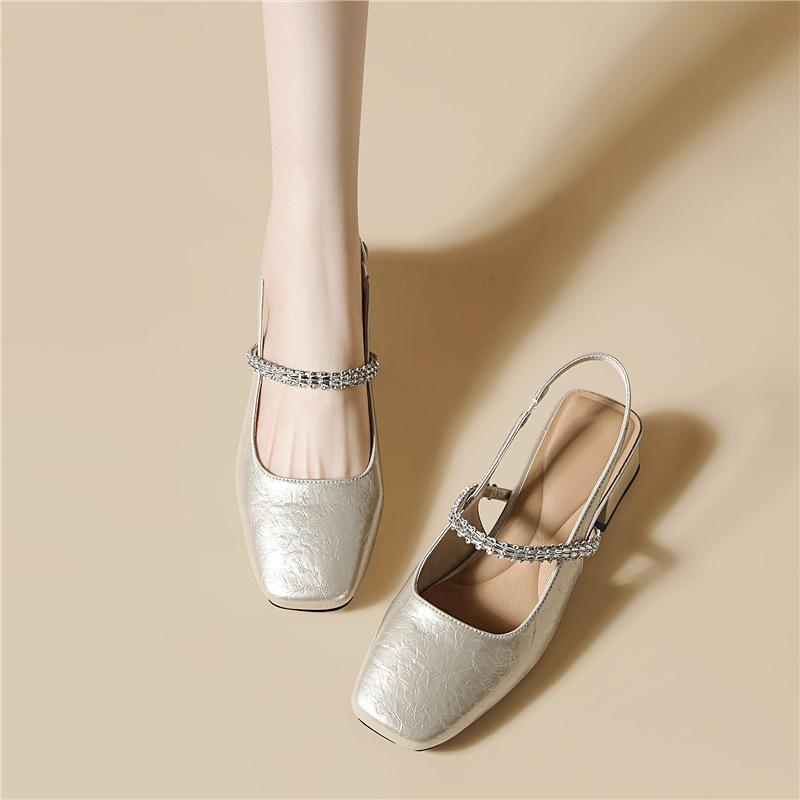 Light luxury Mary Jane shoes square head rhinestone early spring single shoes outer wear single shoes high-end thick heel ballet women's shoes