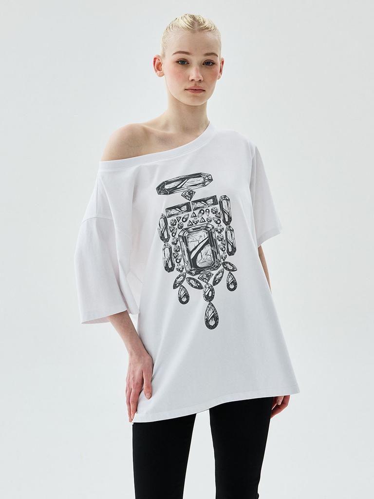 [mardimercredi] OVERSIZED TSHIRT OFF SHOULDER BIJOU WHITE GREY