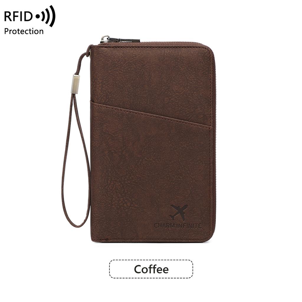 Multi-Functional RFID Blocking Passport Bag Travel Document Holder with Long Zipper Ticket Storage Wallet for Multiple Passports