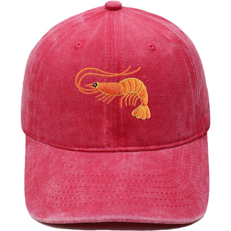 Neue Niedliche Orange Garnele Bestickte Baseballkappe Gewaschen Vintage Meeresbewohner Herren und Damen Lässige Sonnenschutzkappe
