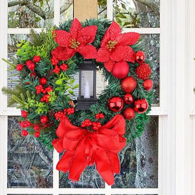 Couronne de Noël d'extérieur avec lumières Couronne avec nœud artificiel Décoration de festival pour la maison Pour porte d'entrée Mur Cheminée Fenêtre