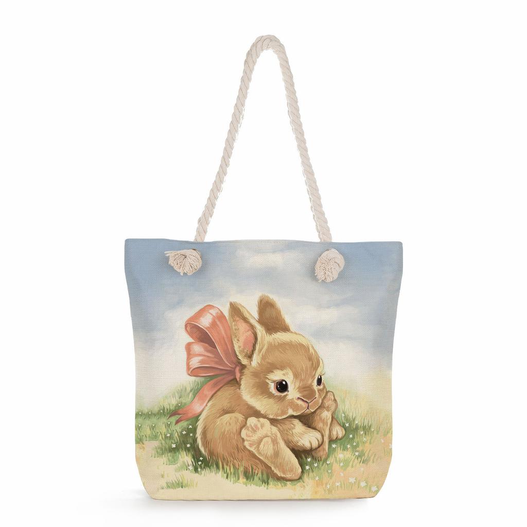 Sac de plage à bandoulière unique en corde épaisse avec imprimé lapin créatif 7247 CLE