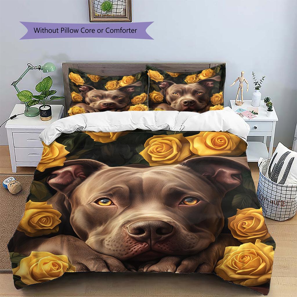 Pitbull and roses Pattern Bedding Home Decoration Birthday Gift (1 * duvet cover + 2 * pillowcase, without core)
