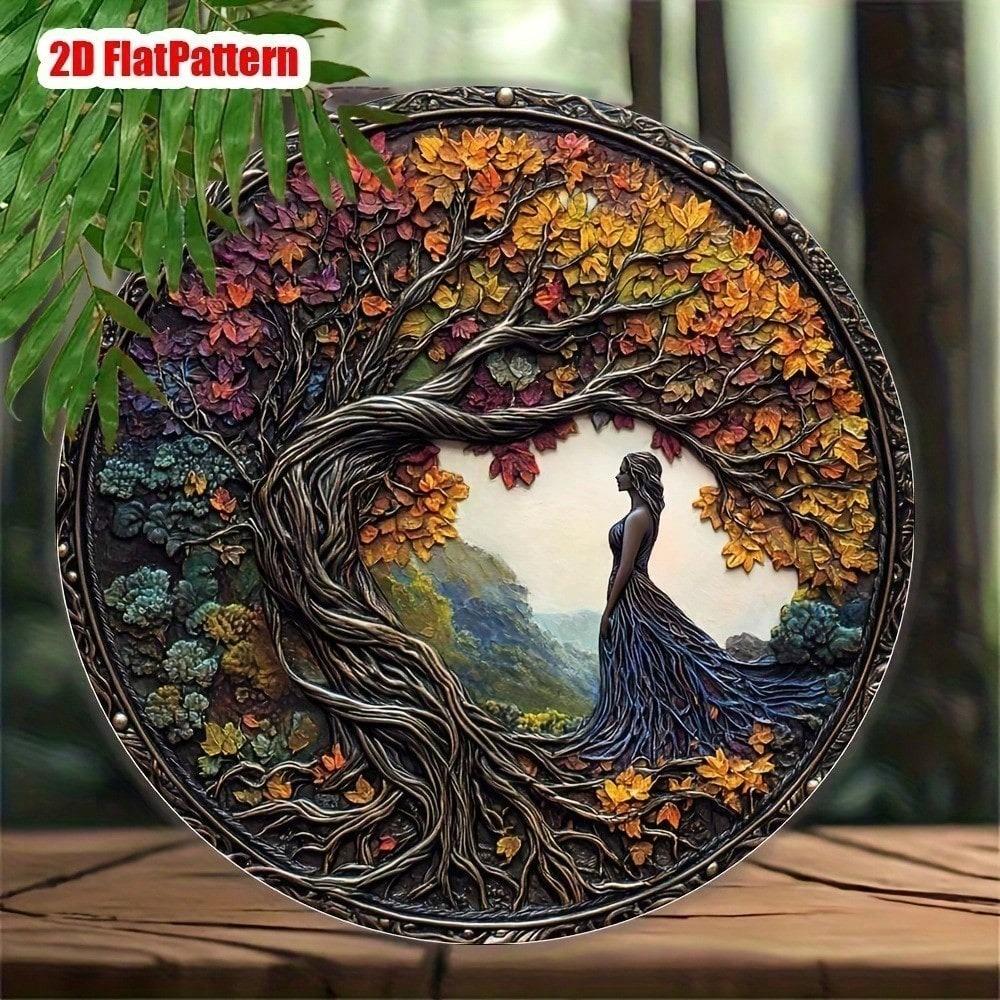 Old Money Tree Hole Aluminum Wall Art 8x8 Inch Round Metal Medallion for Home Office Decor